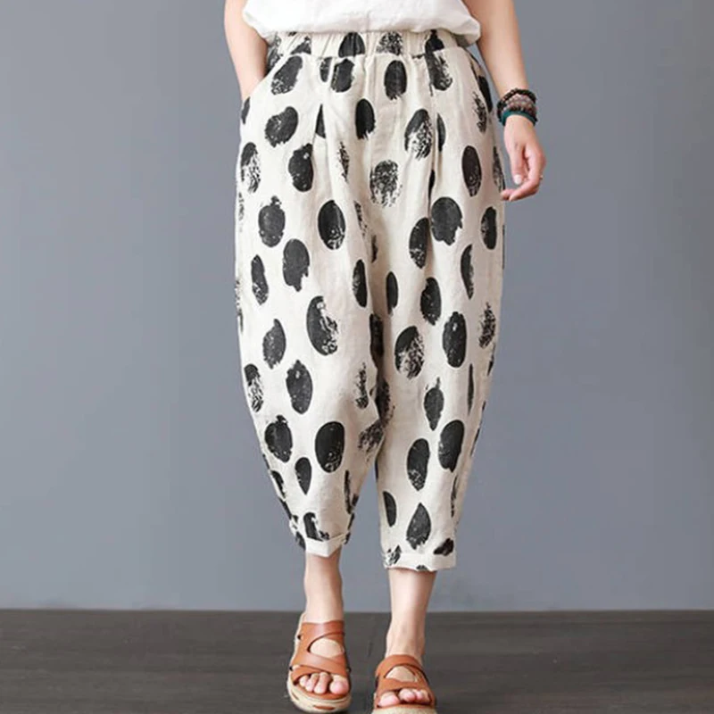 

2021 Summer Fashion Cotton Linen Harem Pants Women Graffi Printed Casual High Waist Calf-Length Loose Trousers Cropped Trousers