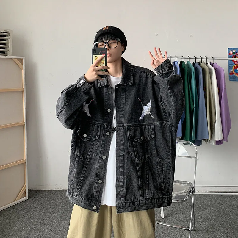 

Autumn Men's Denim Coat Lapel Embroidery Pocket Decor Single Breasted Loose Large Size Stretchy Breathable Male Jacket