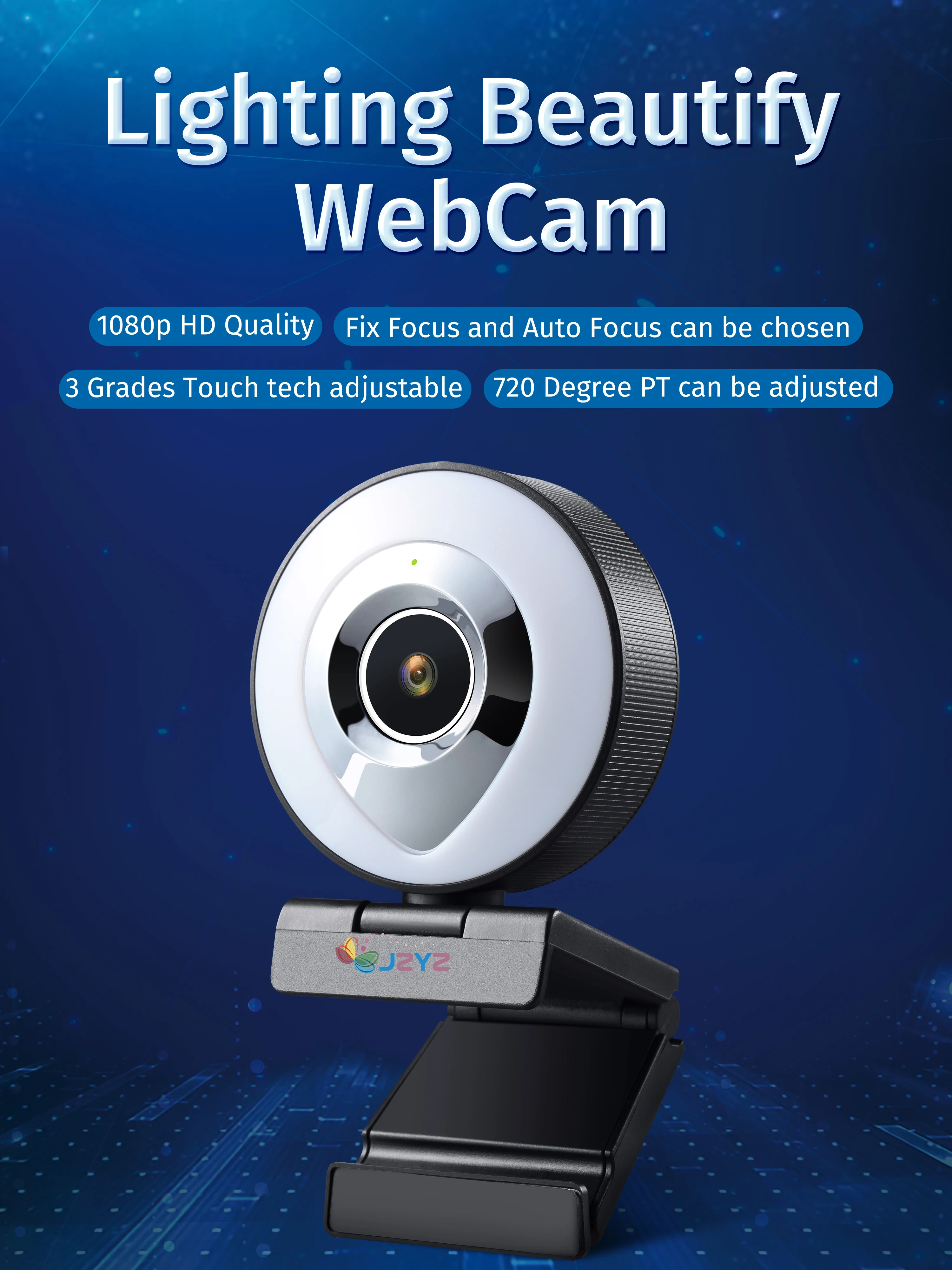 

Web Camera Auto Focus Ring Beautify Fill-in Lighting Video Webcam HD 1080P Live Broadcast Mic USB 3 Grades Touch Brightness