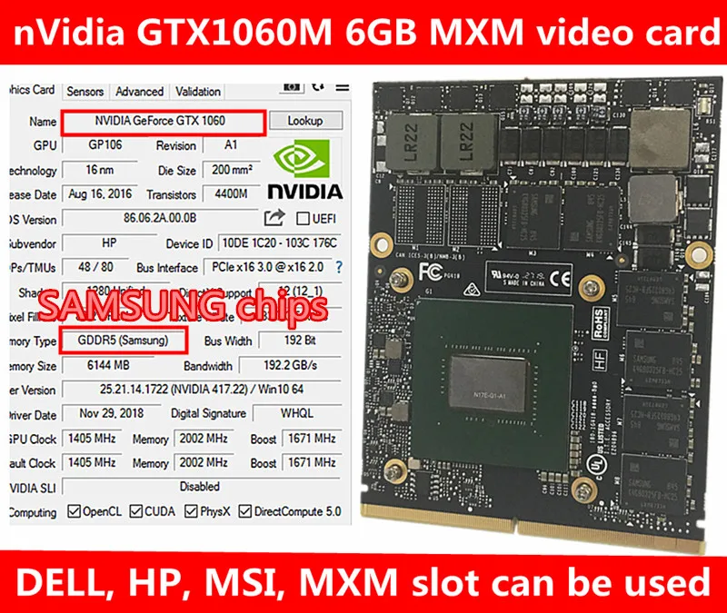 

New Original nVidia GeForce GTX 1060M GTX1060M video card with X-Bracket N17E-G1-A1 6GB GDDR5 MXM For Dell Alienware MSI HP