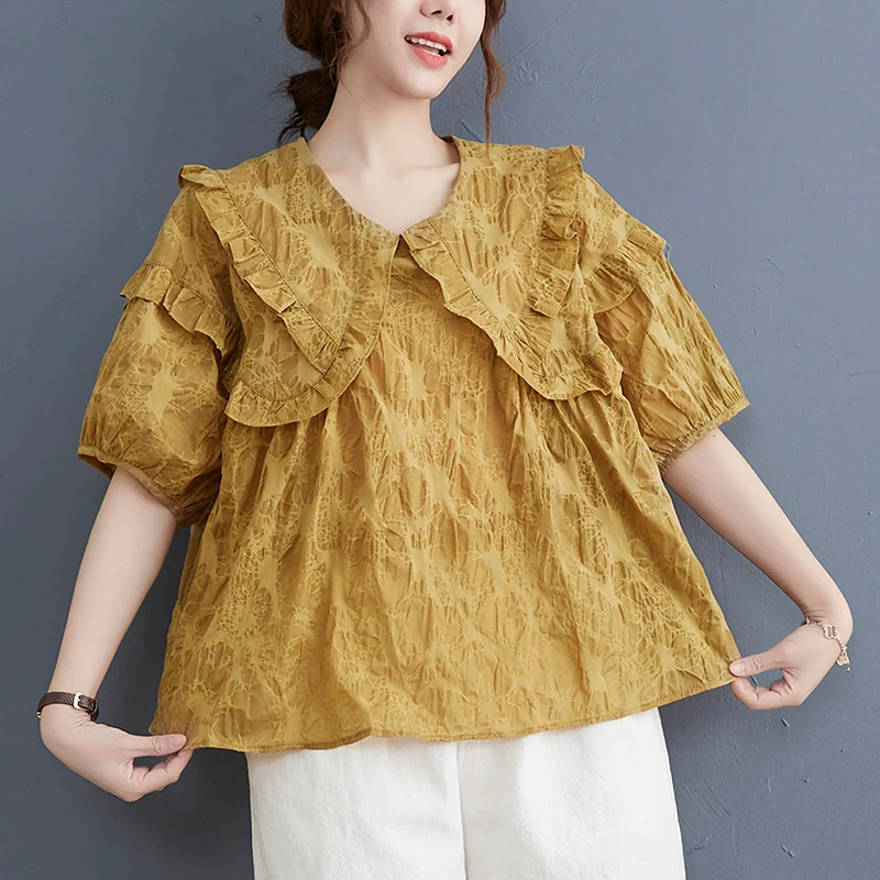 

VANOVICH Fashion Women Blouses Solid Color Pluz Size Wild Ladies Blouses Summer New 2021 Short Sleeve Casual Women Clothing