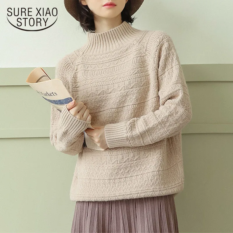 

2020 Autumn Long Sleeve Chic Winter Sweater Clothes Women Half High Collar Sweater Women Loose Vintage Sweater Pullovers 10916