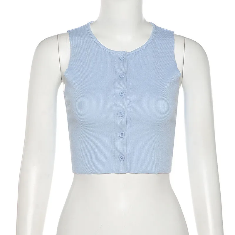 

2021 Summer Casual Tee T-shirt Women Tops Sexy Solid Button O-neck Sleeveless Cropped Shirts Women Fashion Bodycon Female Blusas