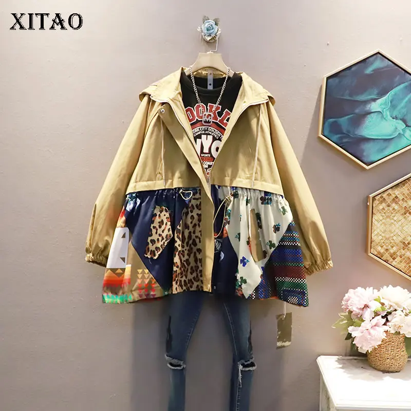 

XITAO Vintage Pattern Print Splicing Trench Fashion Casual Loose Hooded Collar Trench Coat 2021 Autumn New All-match GWJ0463