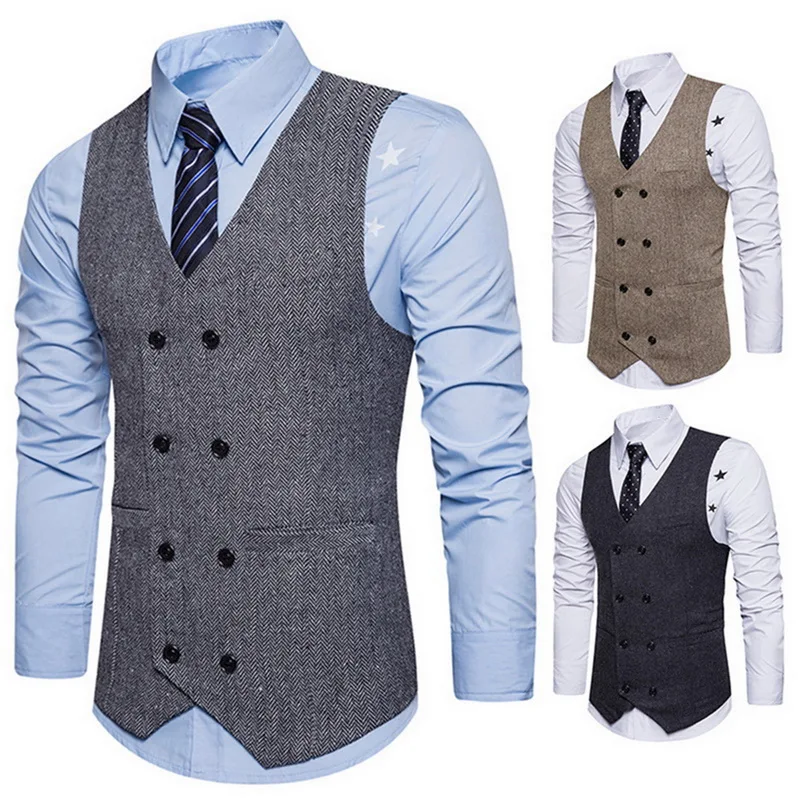 

New Men Double Breasted Suit Vests Gentlemen Business Sleeveless Waistcoat Vintage Formal Blazers Vest For Wedding Party