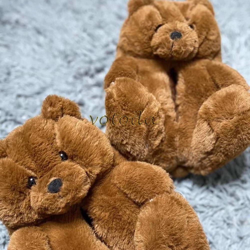 Teddy Bear Slippers Women Cute Cartoon Slides Furry Warm Soft Shoes Home Non-slip Cotton Flip Flops Rainbow Teddies Bear Slipper best house slippers