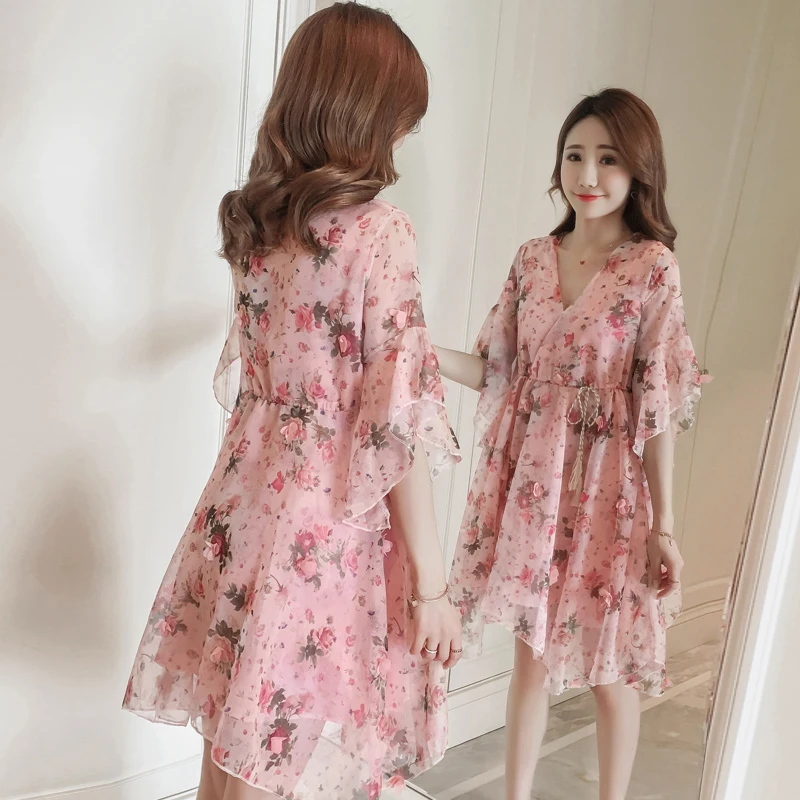 Летняя Свободная одежда для беременных женщин шифоновое платье с v образным