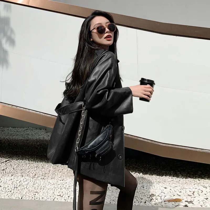 Куртка женская с толстой подкладкой двубортная куртка из искусственной кожи