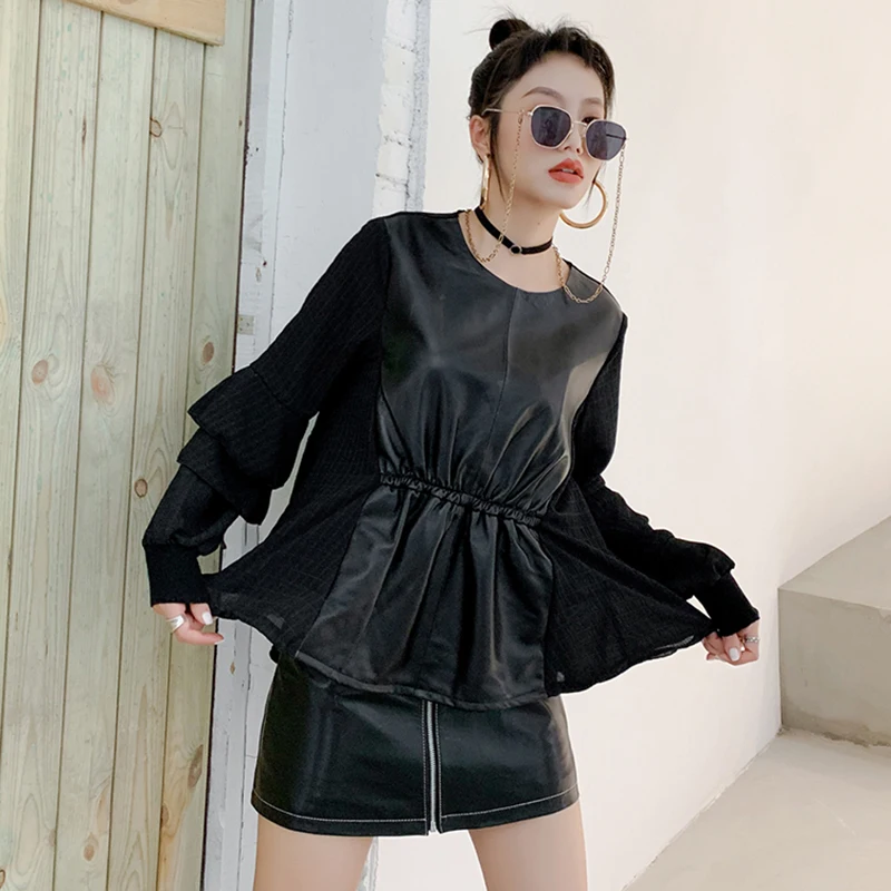 2019 Новые осенне-зимние шифоновые футболки из натуральной кожи овчины женские