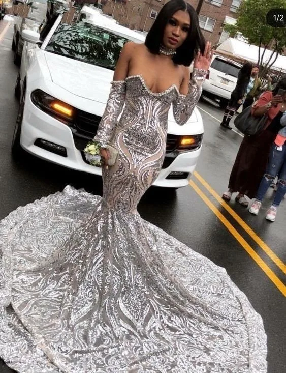 

Sexy Silver Long Mermaid Prom Dresses New Off The Shoulder Sweep Strain Sparkly Sequined Formal Evening Dress Party Gowns