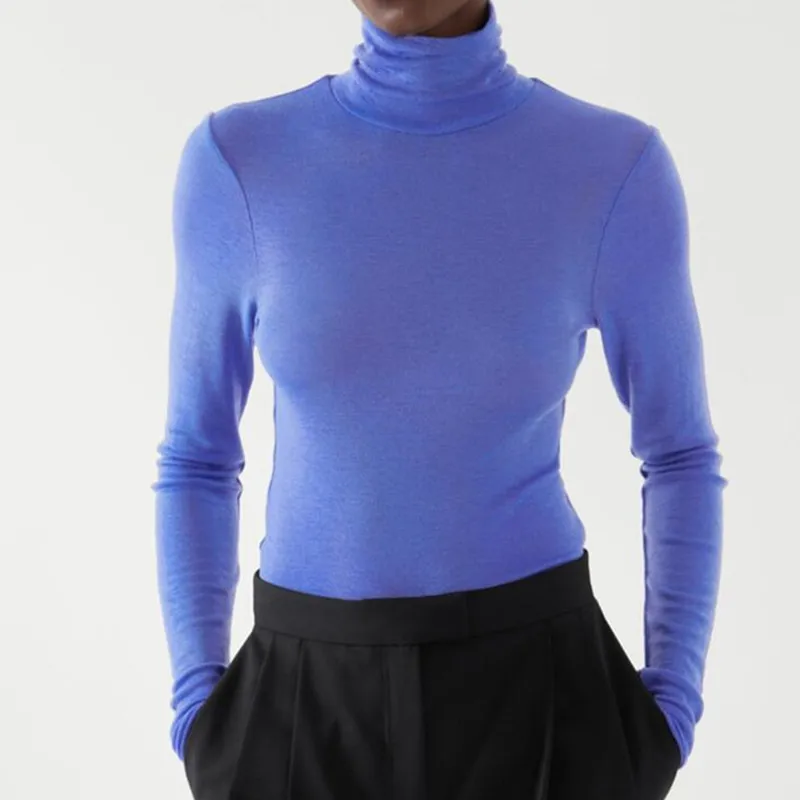 

Women Wool Thin T-shirt 4 Colors Turtleneck Comfortable Micro-perspective Stretch Long Sleeve Slim Female Tees Spring Summer