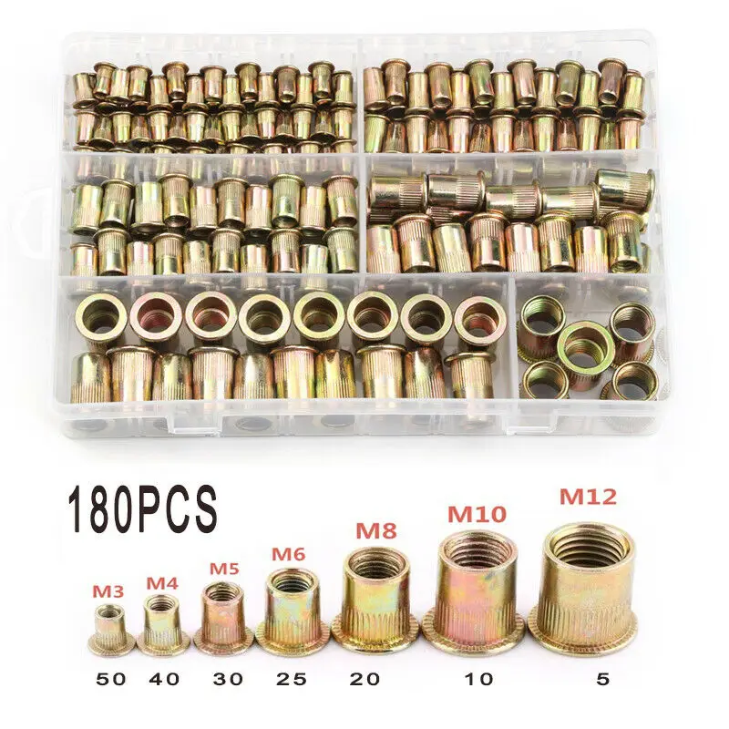 

180pcs Box Carbon Steel Rivet Nuts Carbon Steel M3 M4 M5 M6 M8 M10 M12 Flat Head Rivet Nuts Set Hardware Parts
