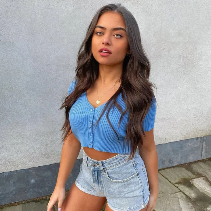 

Summer Fashion Womens Short Sleeve Button T-shirt Sexy Solid Woman Slim Fit Crop Top Stylish Girls High Street Clothing Cardigan