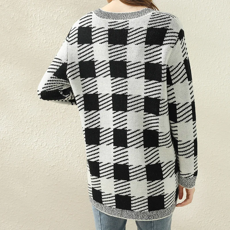 

Women's knitted sweater 2020 autumn plaid cardigan jacket temperament goddess sweater women thick sweater