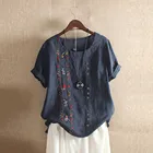 Женская рубашка с цветочной вышивкой, летняя блузка в богемном стиле, Туника с коротким рукавом и круглым вырезом, топы, блузка размера плюс 5xl Туника Женская