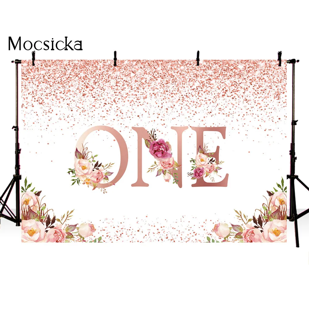 

Blush Floral First Birthday Backdrop Gold Glitter Dots 1st Birthday Party Background Vinyl Pink Flowers Girls Birthday Party