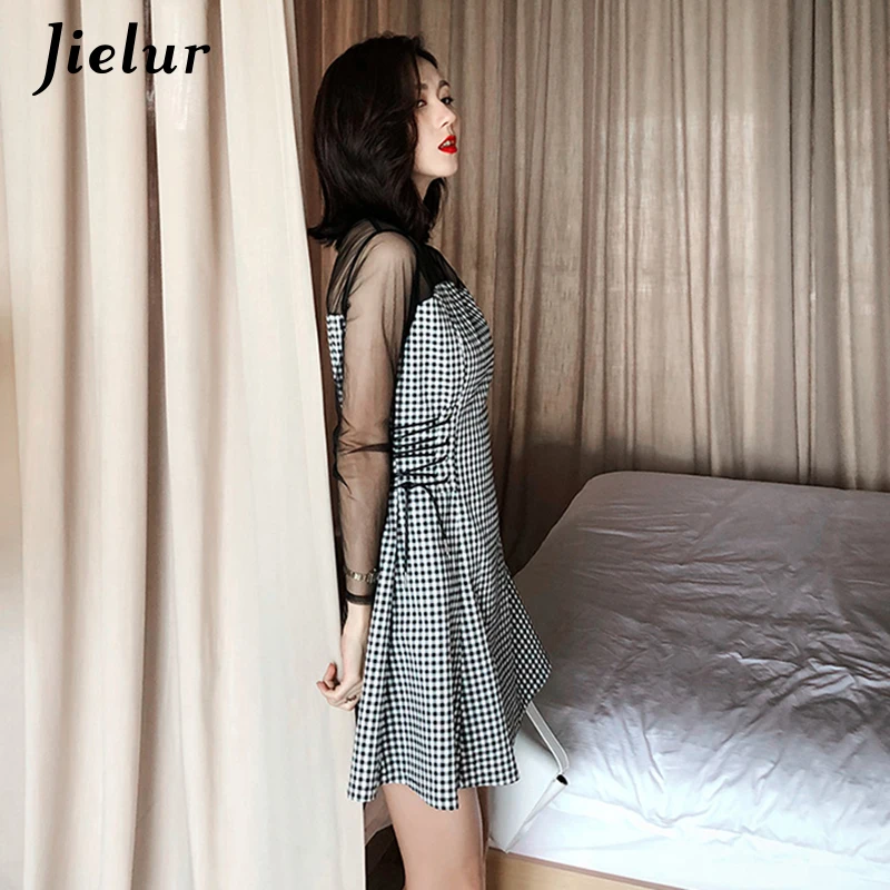 Jielur 2019 осеннее шикарное клетчатое платье с длинными рукавами Сетчатое лоскутное