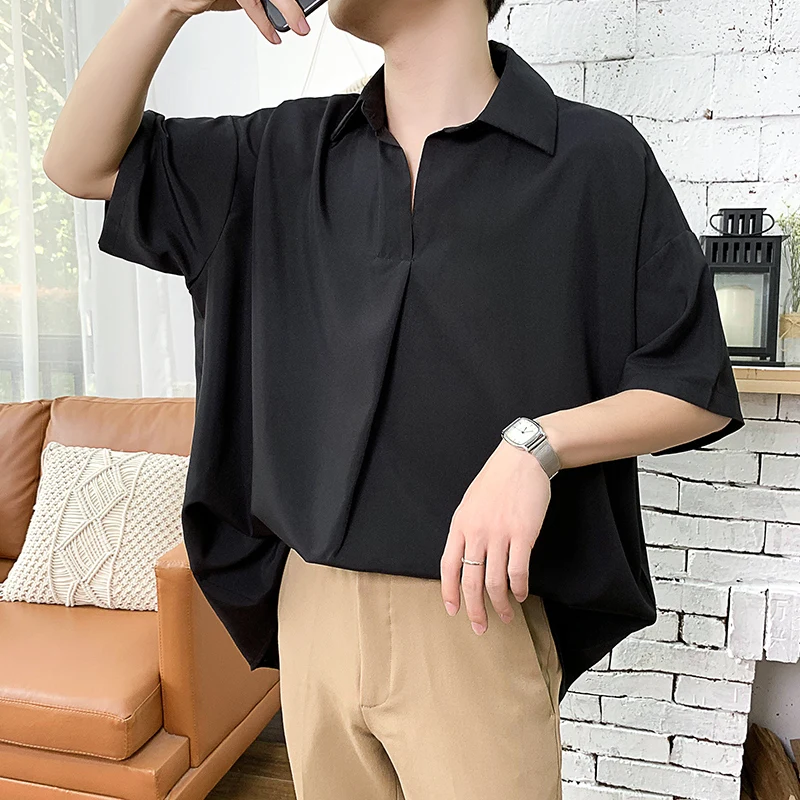 

2020 Summer Men's New Pattern Short Sleeve Cool Shirt French Cuff Brand Clothing Fashion Loose Solid Color Shirts Big Size M-5XL