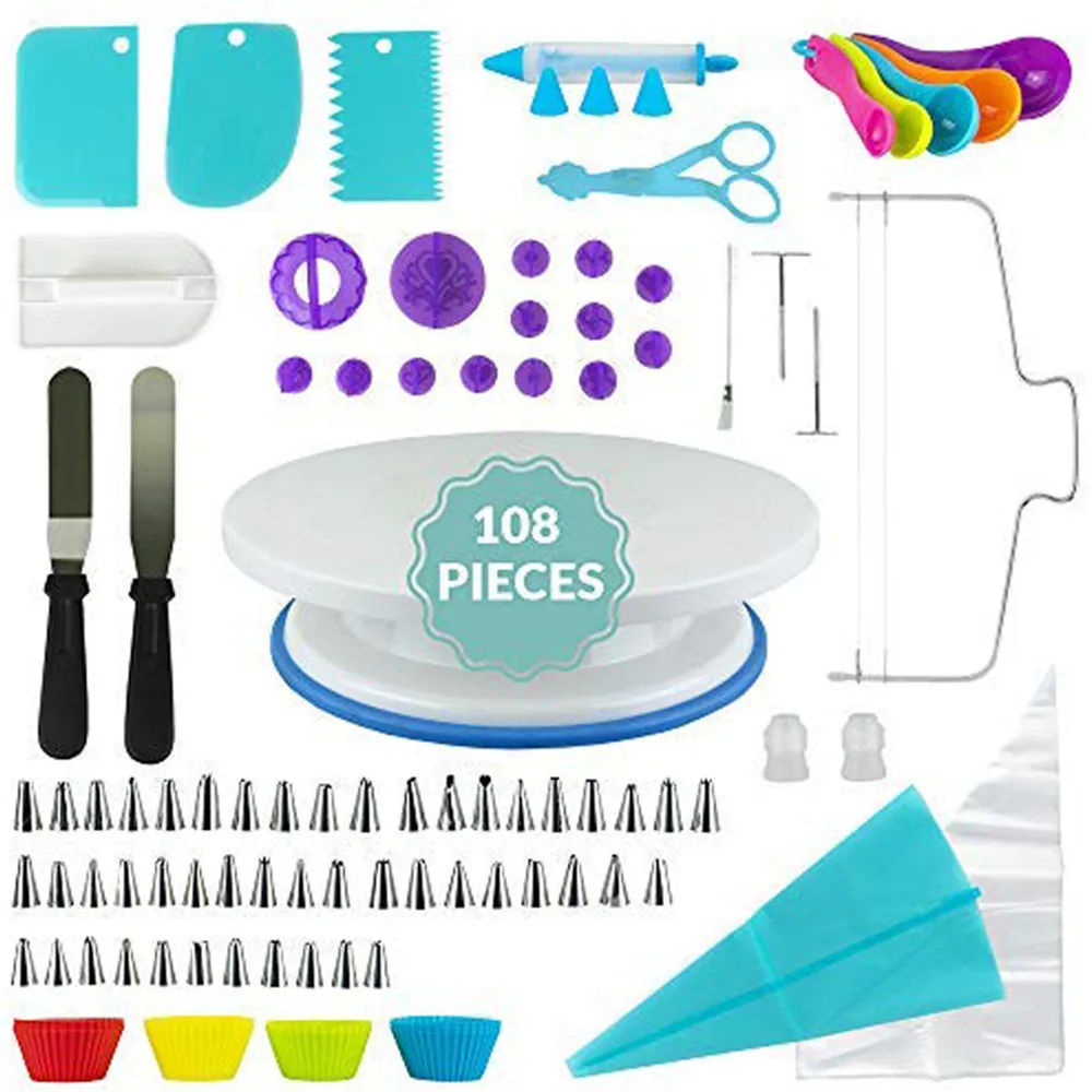 108 Pcs Lot Pastry Nozzles TPU Piping Pastry Bags Spatula Cake Decorating Tool Set Cake Turntable Silicone Muffin Cup Scraper