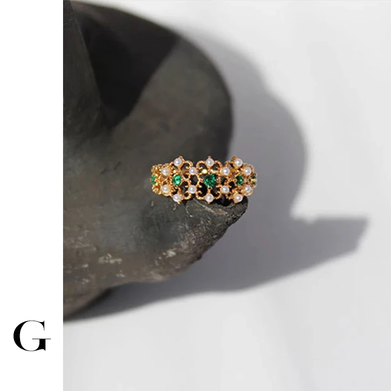 

GHIDBK Tiny Freshwater Pearl Range Cluster Open Rings For Ladies Inlay Cubic Zirconia Emerald Ring Retro Engagement Gift