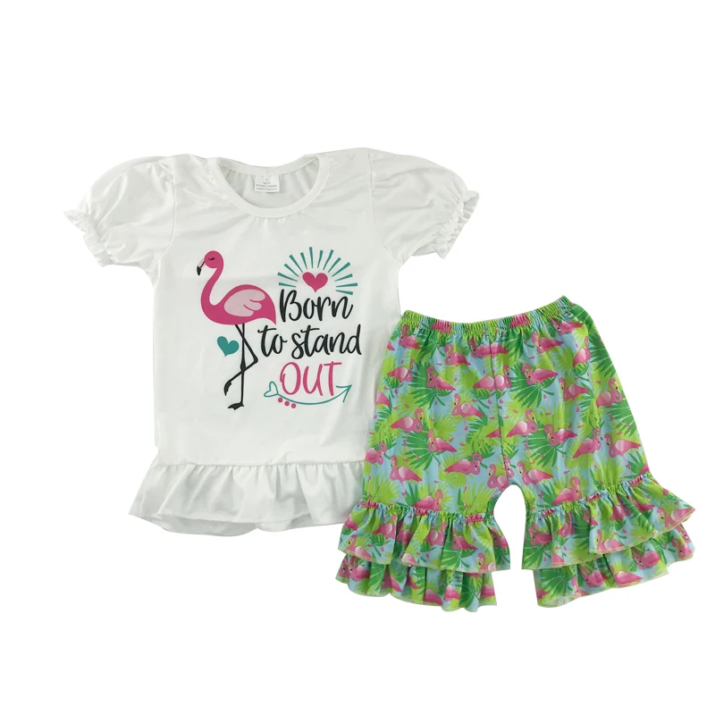 

Girls boutique clothing summer shorts ruffled flamingo print children's clothing