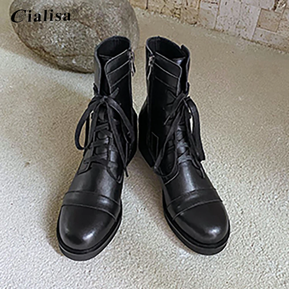 

CIALISA Women Shoes 2020 Fashion Black Patchwork Ankle Winter Boots For Women Genuine Leather Round Toe Mid Heel Lace Up Boot