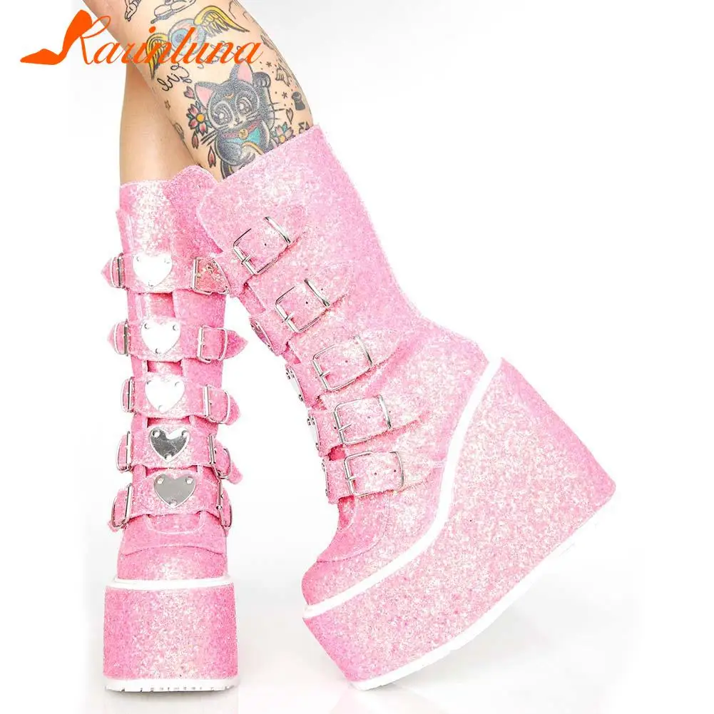 Женские ботинки на танкетке с металлической пряжкой|Сапоги до середины голени| |