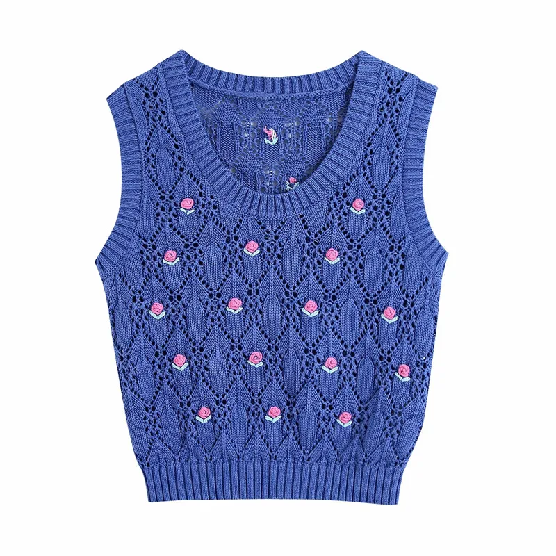 

ZA 2021 summer new women's clothing fashion all-match casual sweet temperament flower embroidered round neck knitted vest