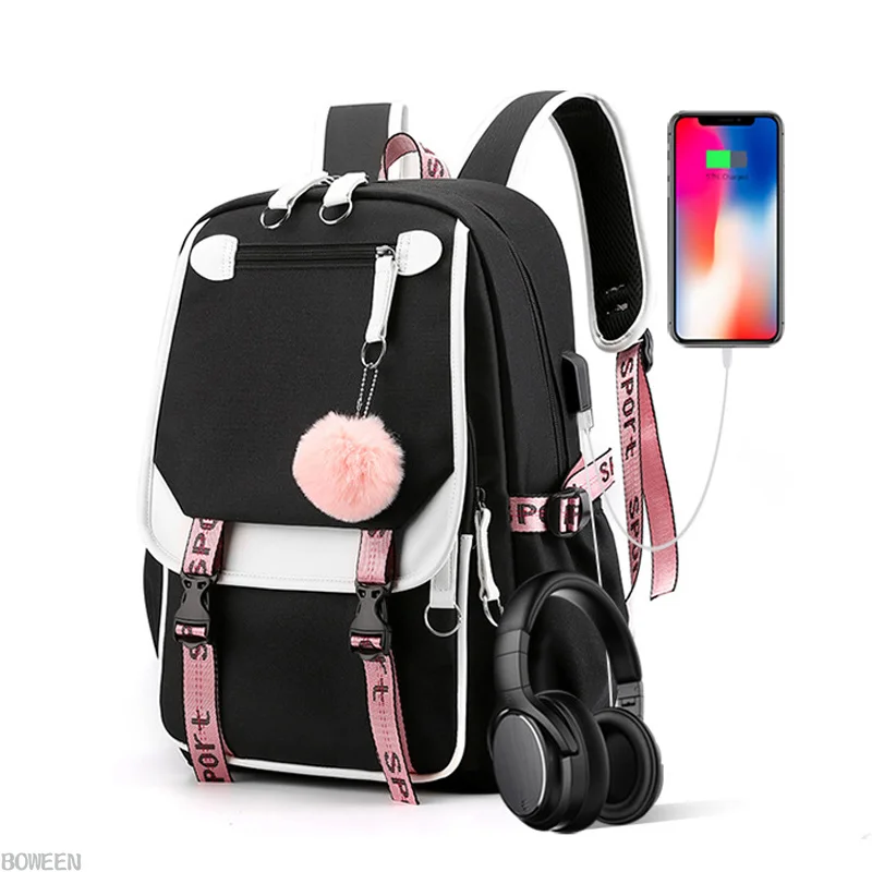 

Large Women Bapa School Bags for Teenage Girls Usb Pink Fashion Patchwork Nylon Bagpa Youth Babag Big College Ba Pa