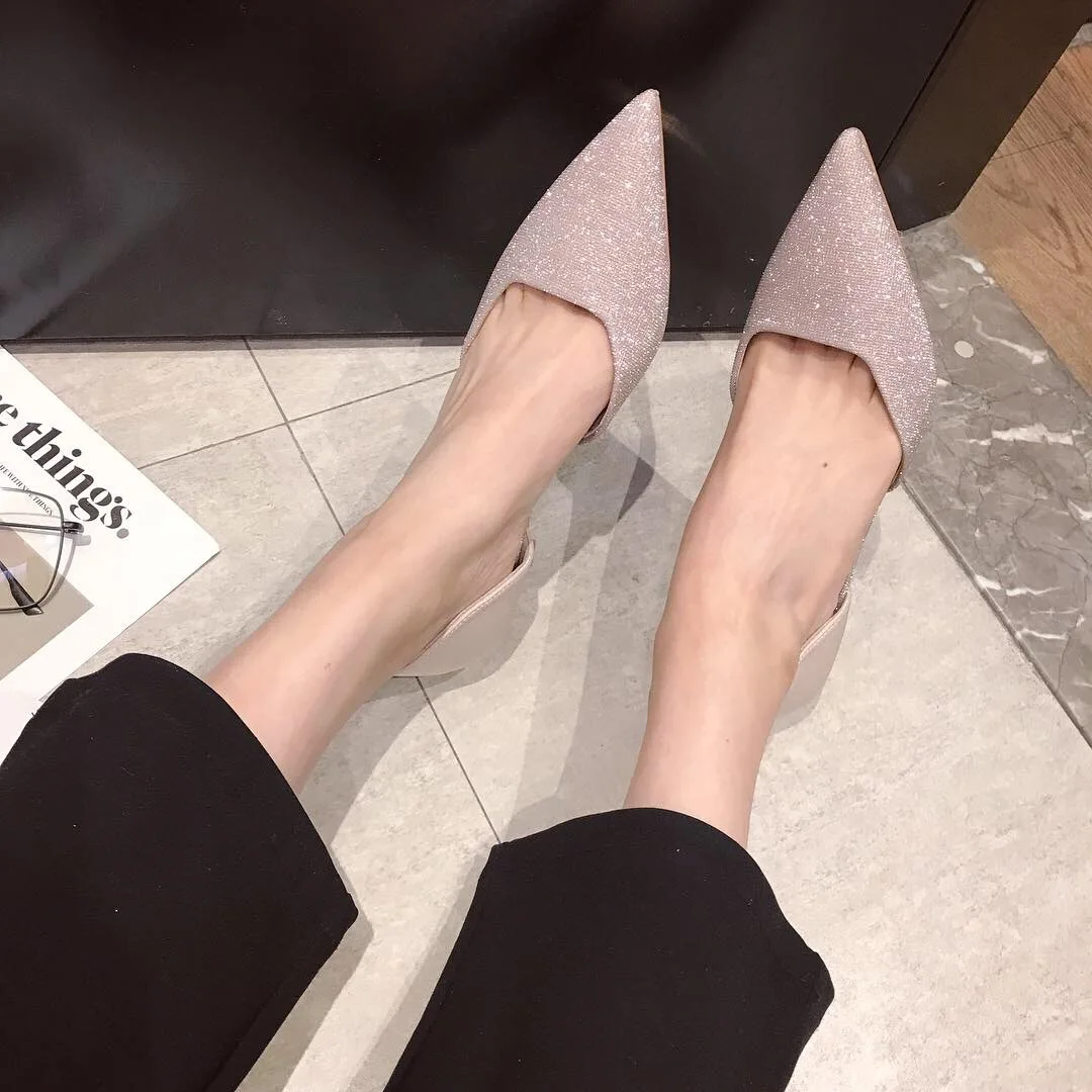

Net red single shoes women 2020 summer new Korean version of pointed pointed stiletto heels sequin work shoes women's shoes