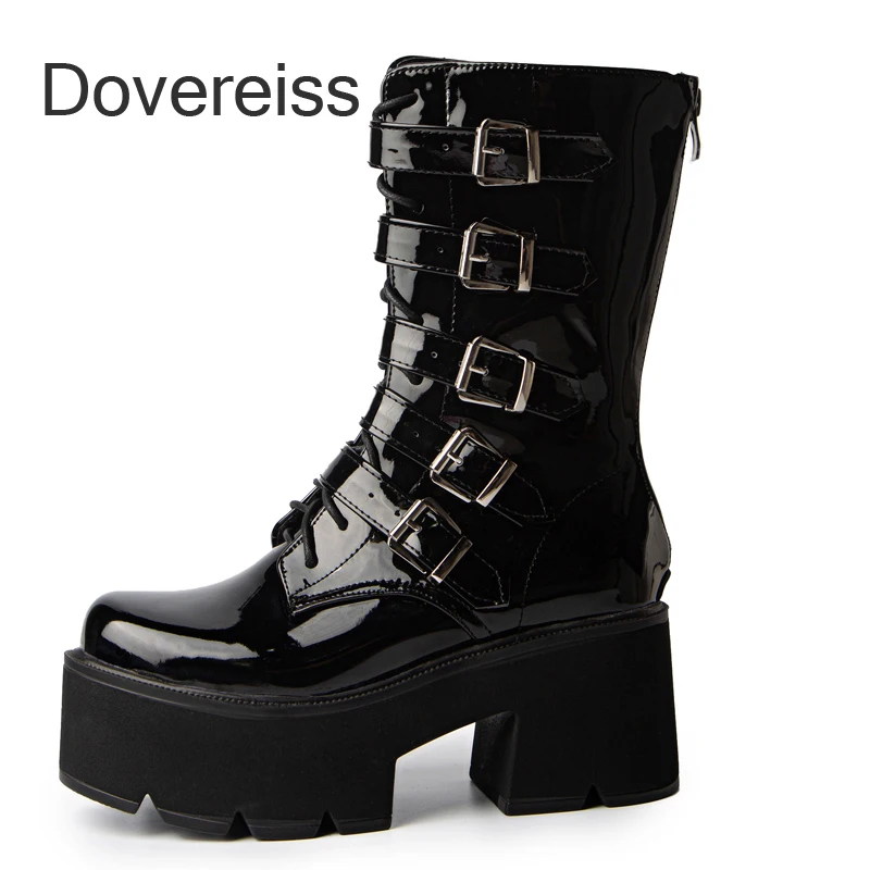 

Dovereiss Winter New Fashion Sexy Zipper Goth Round Toe Buckle Chunky Heels Short Boots Matin Boots 40 41 42 43 44