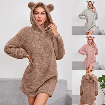 Women Thick Long Fleece Hoodies Sweatshirt Warm Bear Shape Fuzzy Hood Pocket Pullover Fashion Brand Plush Overcoat Теплое пальто 1