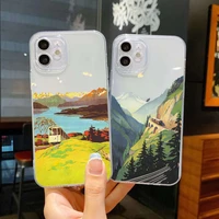 hand painted pattern mountain scenery clear phone case for iphone 7 8 plus se2020 x xr xs max 11 12 13 pro max transparent cover