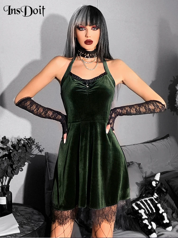 

InsDoit Gothic Halter Bandage Green Purple Dress Women Velvet Retro Lace Sexy Backless Dress Elegant Party High Waist Mini Dress