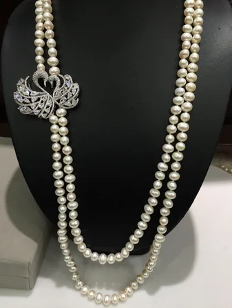 Double Swan Natural 8-9mm Freshwater Pearl Necklace Long Necklace Pearl Necklace Necklace Double 24-25inch