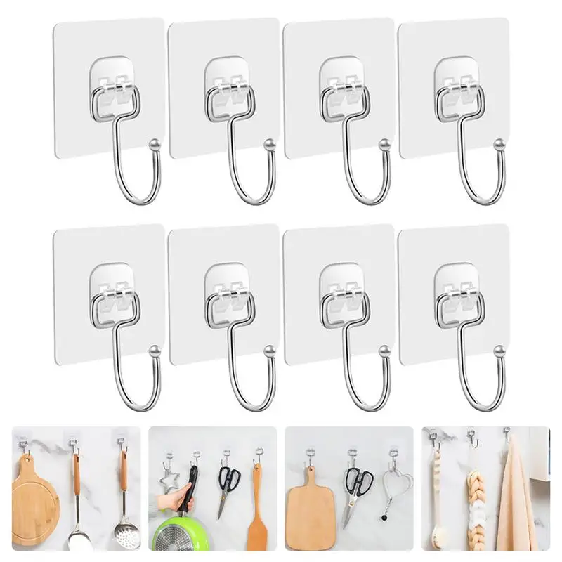 

8pcs Door Hook Adhesive Wall-mounted Hooks Transparent Anti-skid Traceless Heavy Duty Stick on Hook Bathroom Kitchen Hooks