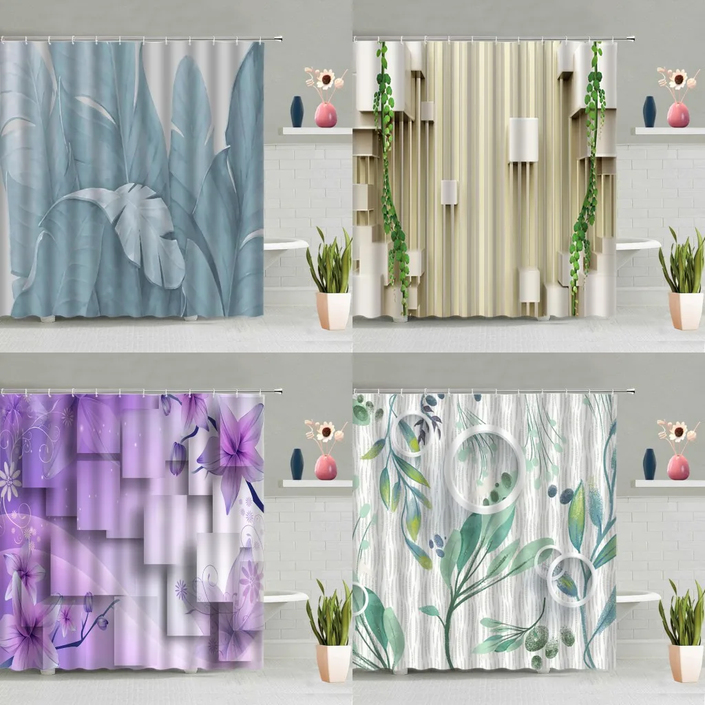 

3D Stereo Plants Shower Curtain Color Flowers Green Leaves Butterfly Living Room Background Decor Cloth Bathtub Screen Washable