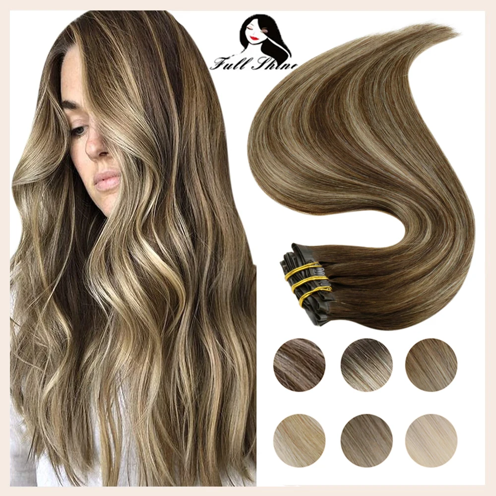 Full Shine Seamless Hair Clip Hair Extensions Remy Human Hair 120g PU Invisible Clip In Extensions Human Hair Balayage Color