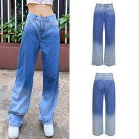 casual loose jeans womens high waist stretch straight leg trousers gradual patch color wide leg trousers new springsummer 2021