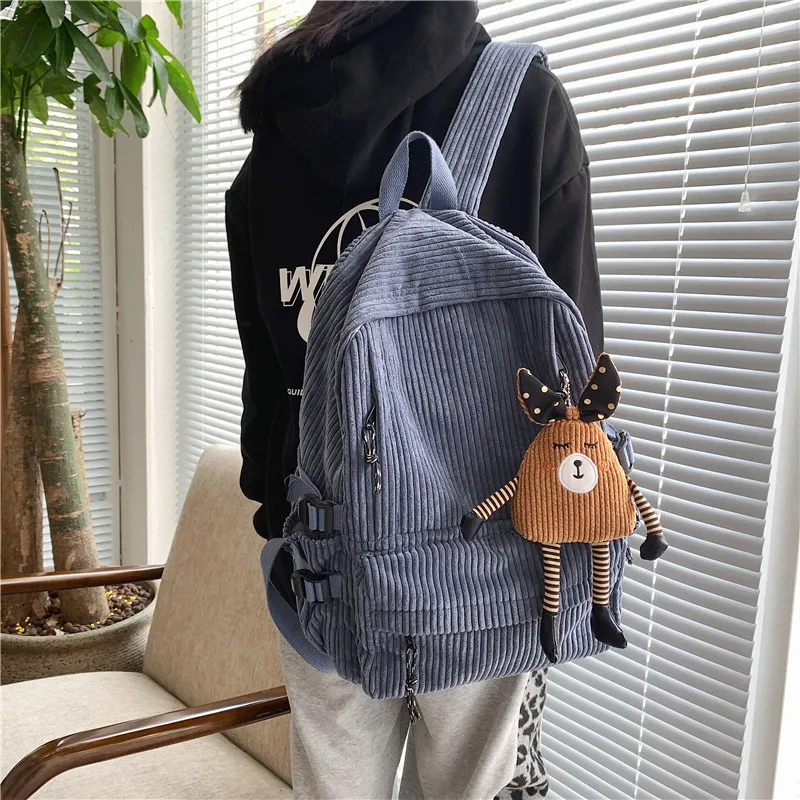 fashion women corduroy backpack pure color stripe harajuku school bag teenage luxury girl backpack female cute bagkpack mochila free global shipping