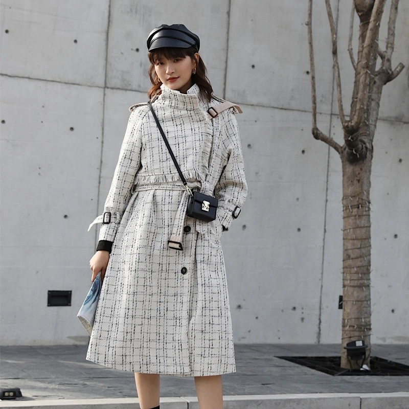 LANMREM новинка 2020 весенний костюм воротник средней длины в клетку на пуговицах