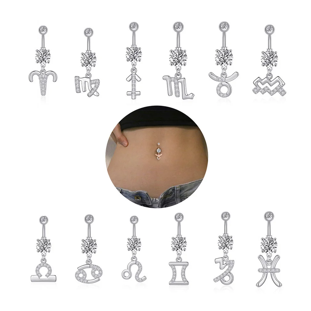 

1PC Zircon Constellations Piercing Belly Button Bars Navel Ring Stud for Women Surgical Steel Post Sexy Piercings Jewelry 14G