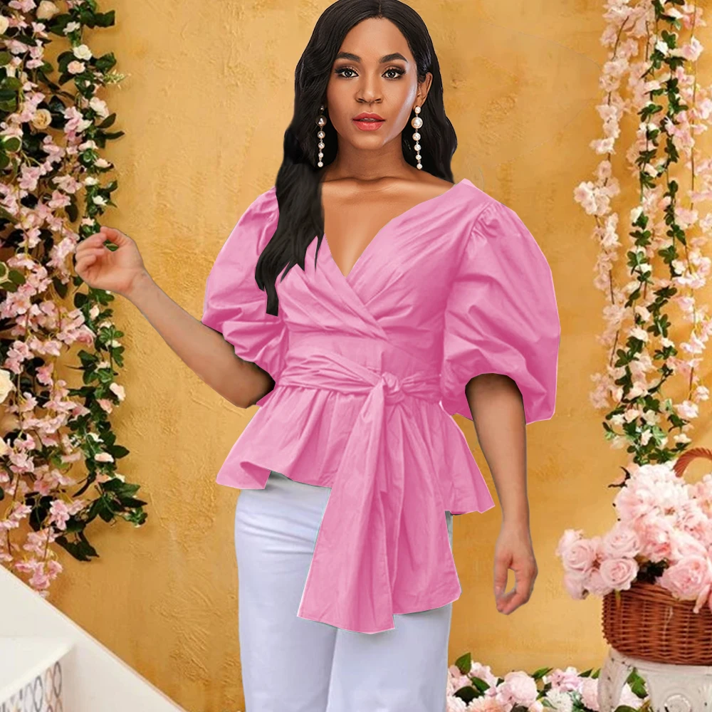 

Women Blouses Half Lantern Sleeves V Neck Peplum Tops Shirts with Waist Belt Autumn 2021 New Fashion Lady Bluas African Female