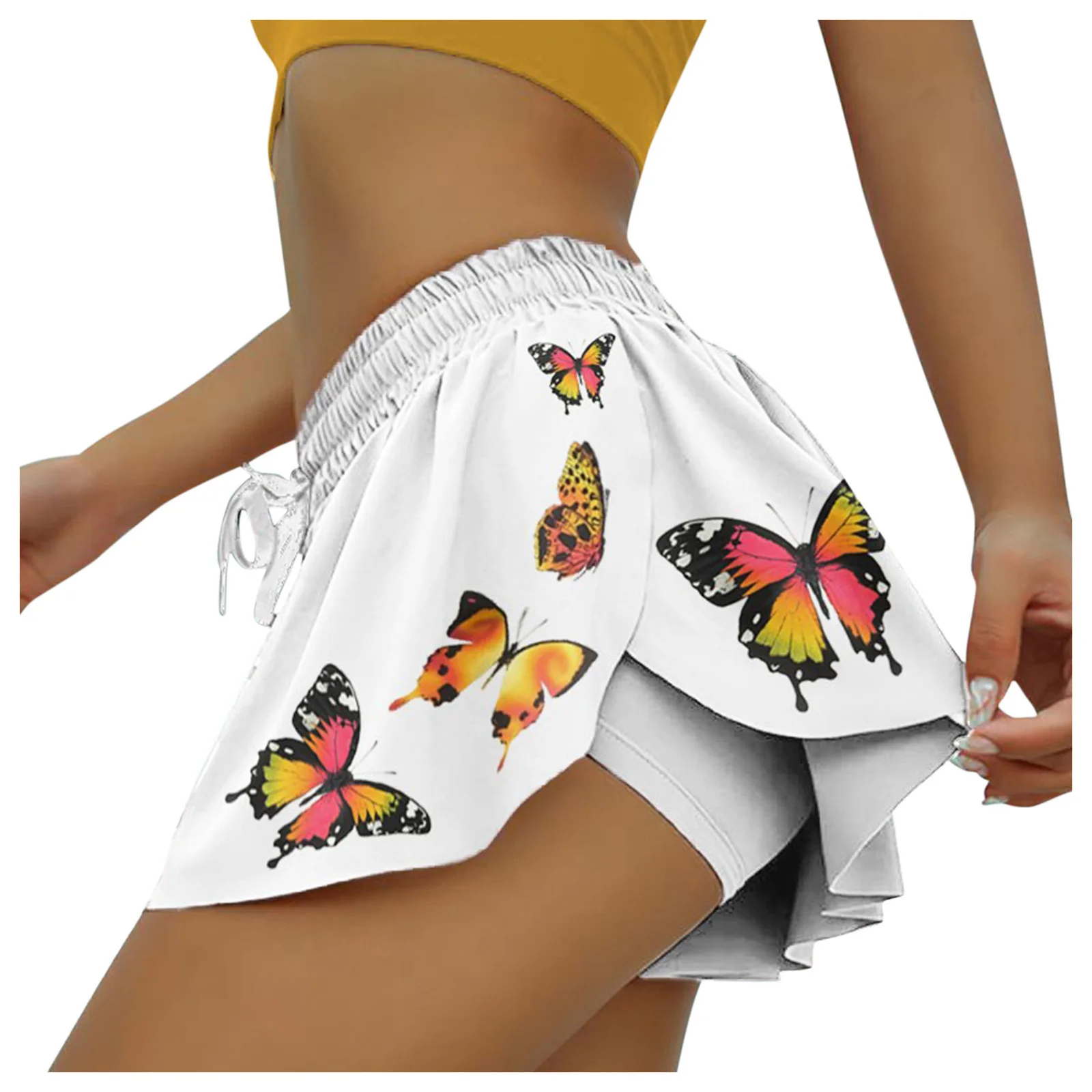 

Fashion Casual Summer Women Multicolors Shorts Lady Soft Cozy Elastic Patchwork Shorts Fake Two Piece Ruffle Printed Drawstring