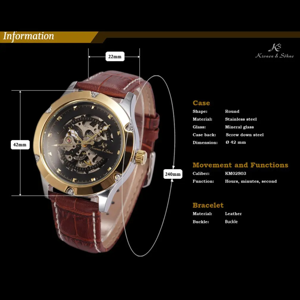 

KS NAVIGATOR Series Golden Case Luxury Skeleton Transparent Case Back Men Gent Automatic Mechanical Stainless Steel Watch /KS207