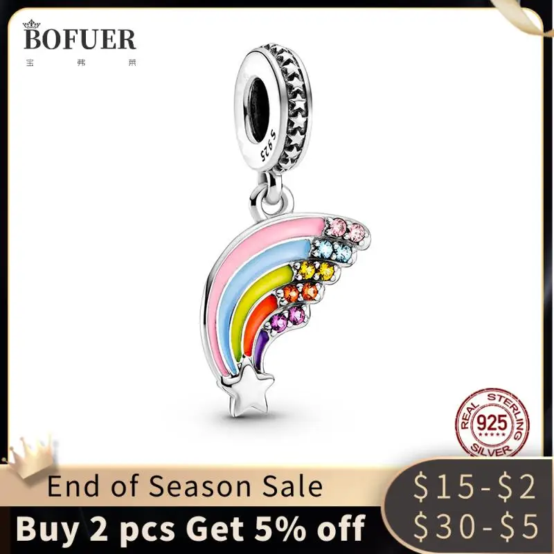 

BOUFER NEW SPRING 925 Sterling Silver Colourful Rainbow Dangle Charm Pendant fit for Pandora Bracelet Necklace Silver Jewelry