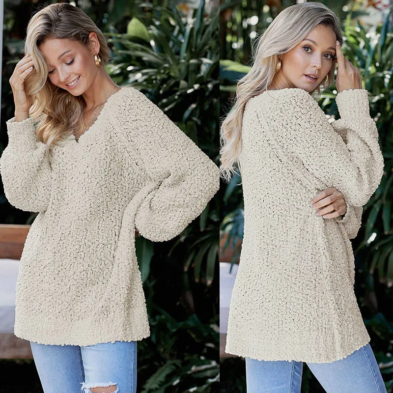 SEBOWEL Casual Solid Color Woman Sweater V-neck Long Sleeve Popcorn Knit Sweaters Female Warm Autumn Winter Ladies Tops Clothes | Женская