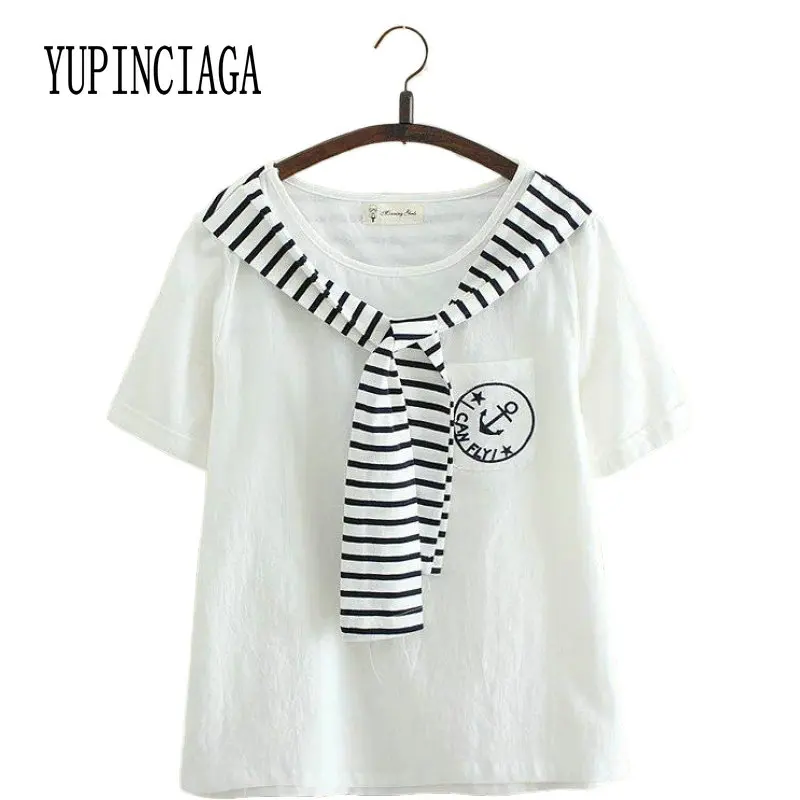 Футболка женская хлопковая с круглым вырезом и вышивкой якоря | Женская одежда