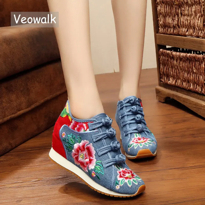 Veowalk/Новинка Сезон весна Женская обувь на плоской платформе с цветочной вышивкой