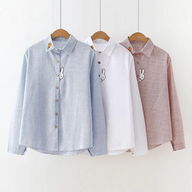 

2020 Women Plus Size Summer Autumn Cartoon Pattern Printed Long Sleeve Button Casual Top Shirt Loose Lapel Cotton Blouse